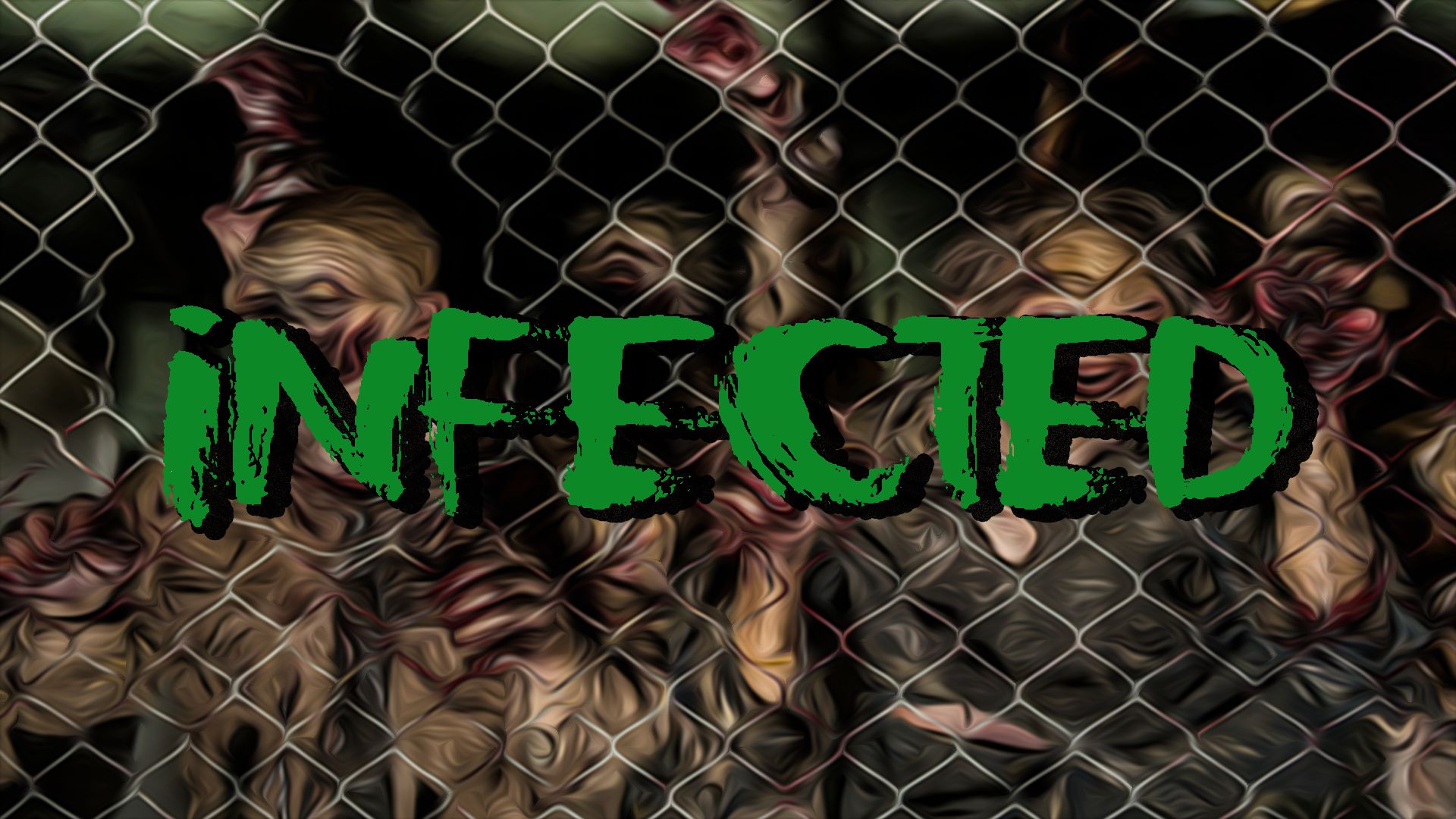 A horde of zombies pressing against a chain-link fence
