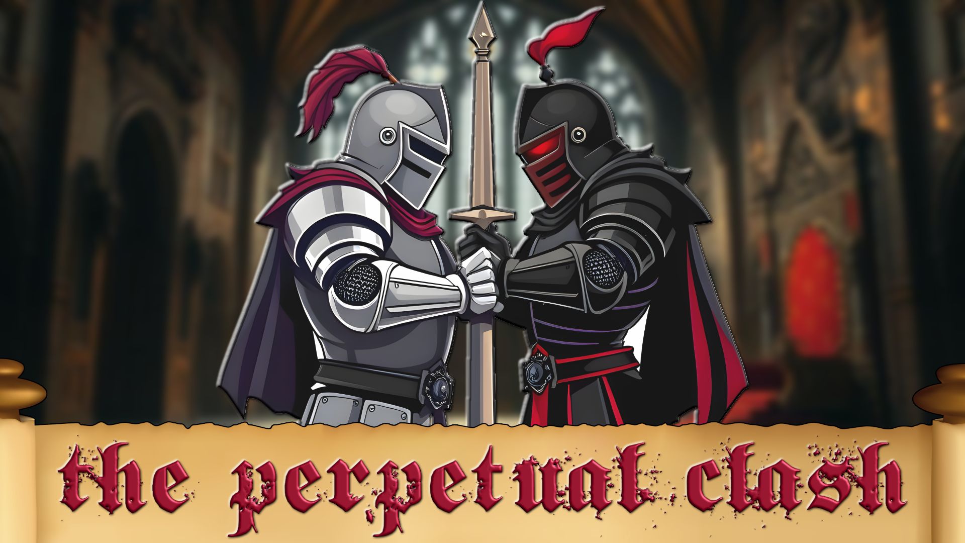 Two armored knights locked blade to blade in a dark arena